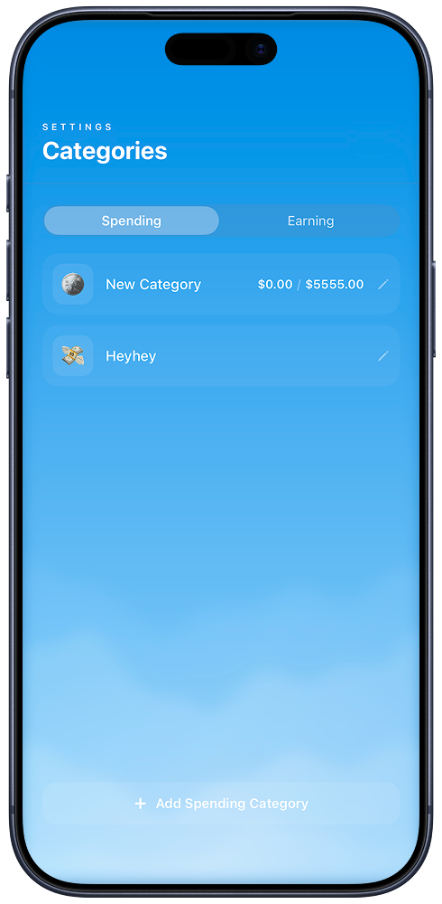 Weather Budget category management screen